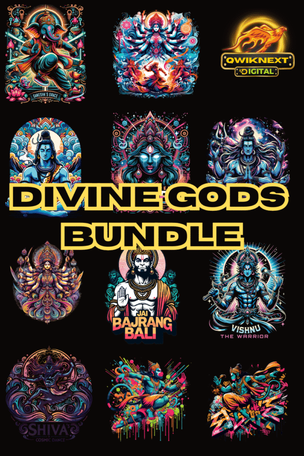 300+ Divine Gods T-Shirt Design Bundle | Hindu Deities Hanuman, Shiva, Durga & More | PNG, SVG, EPS Files for POD, Cricut, Sublimation