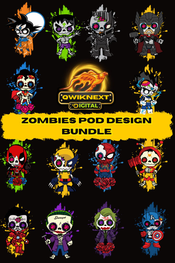 Zombie Superheroes Design Bundle | 14 High-Quality PNG + AI Files for POD, Merch, & Digital Art Projects