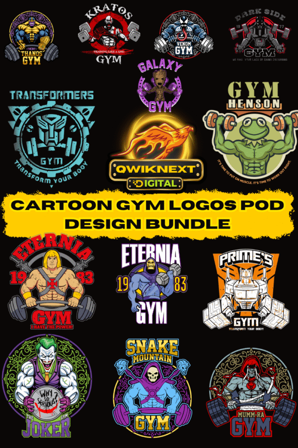 Cartoon Superhero & Villain Gym Logo Design Bundle – 15 Powerful Designs | 30 Files (PNG + AI)