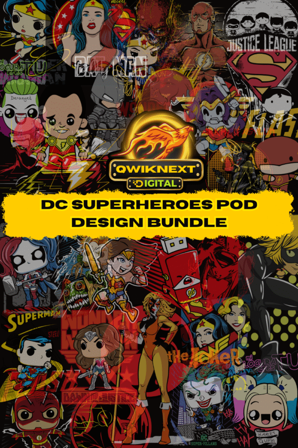 DC Superheroes Design Bundle for POD – 31 Powerful Designs | 62 Files (PNG + AI) | Print-Ready & Editable