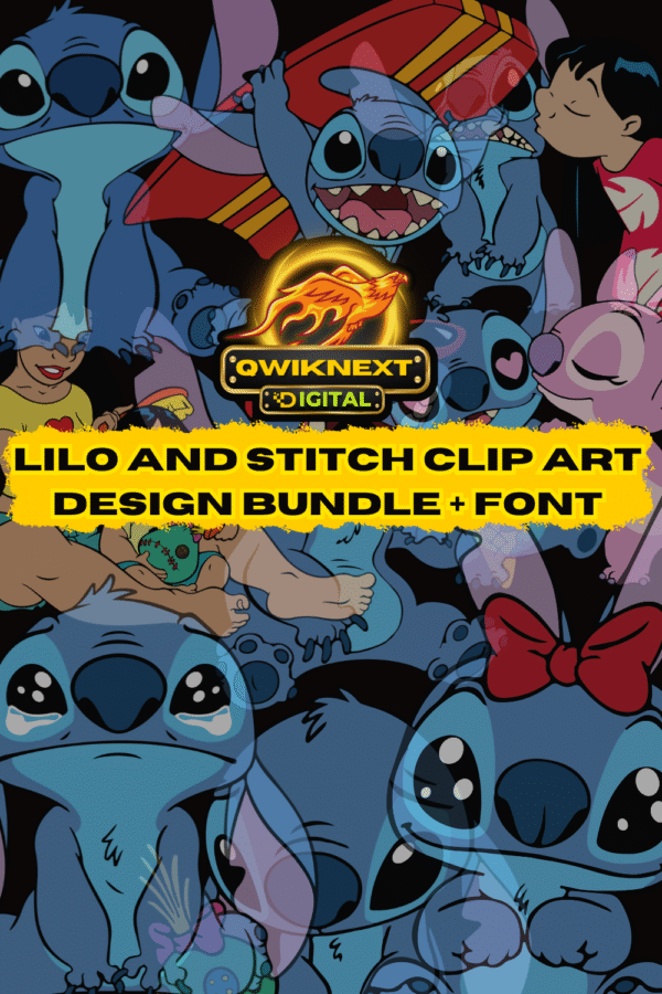 Lilo & Stitch Clipart POD Design Bundle – 200+ Designs in PNG, SVG, EPS, DXF + Bonus Fonts | Print-On-Demand Ready