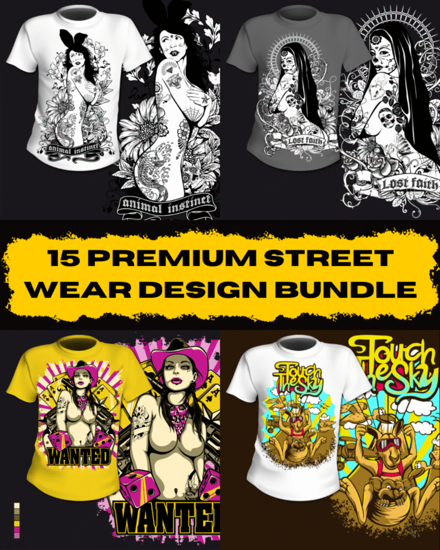 15 Premium Streetwear T-Shirt Design Bundle – Bold & Unique Digital Artwork for POD & Clothing Brands