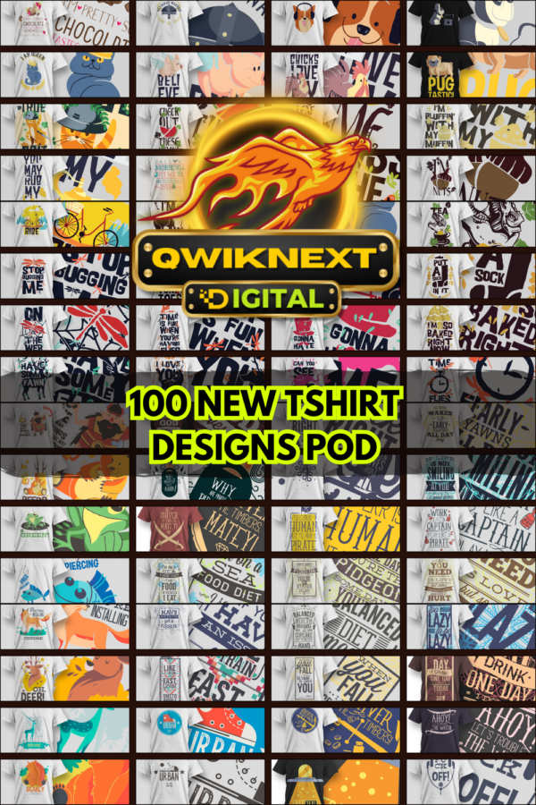 100 T-Shirt Designs Bundle for Print on Demand – Funny, Cute, Coffee, Animals, Quotes & Typography PNG Pack for Merch by Amazon, Etsy & POD Sellers