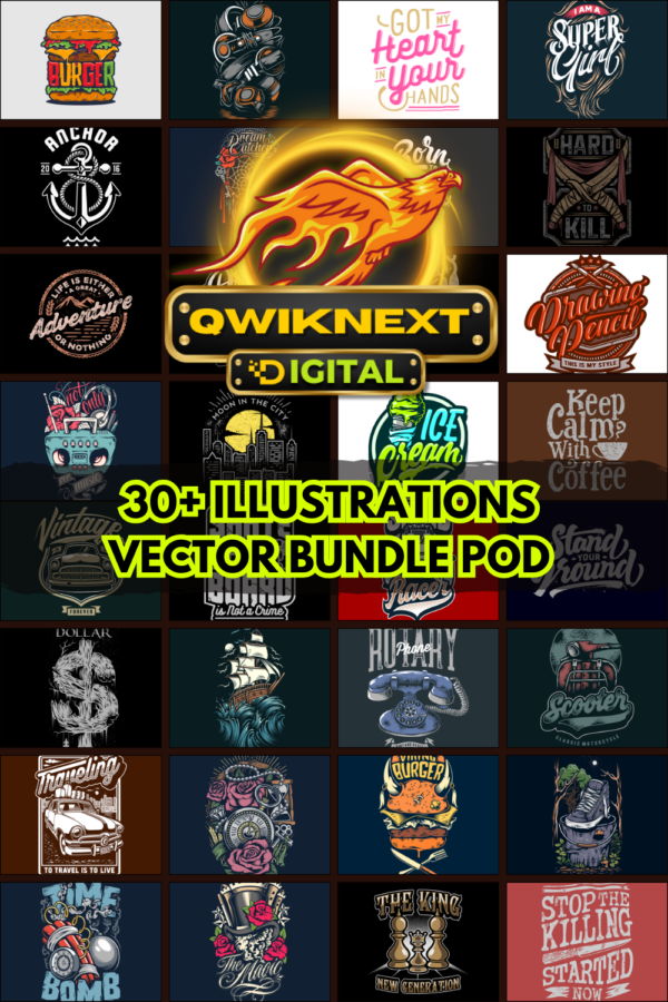 30+ Vintage Graphic T-Shirt Designs Vector Bundle – Retro Streetwear, Biker, Nautical & Adventure Illustration PNG for Print on Demand, Merch by Amazon & Etsy POD