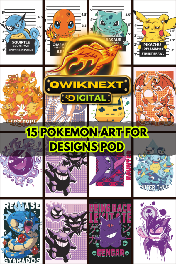 15 Pokemon Printable Inspired Art Bundle – Fan Art PNG Files for T-Shirts, Stickers, Posters & Print on Demand | Instant Digital Download
