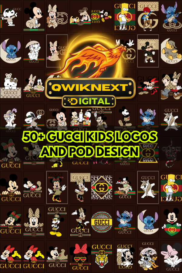 Luxury Style Kids Cartoon Parody POD Design Bundle – 50+ Cute Character Fashion Logos – PNG Vector Files for T-Shirts, Stickers & Merch