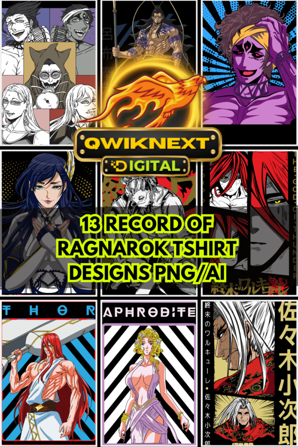 Record of Ragnarok T-Shirt Designs Bundle | 13 PNG + AI Anime Graphics for Print on Demand | Mythology Anime Merch Pack