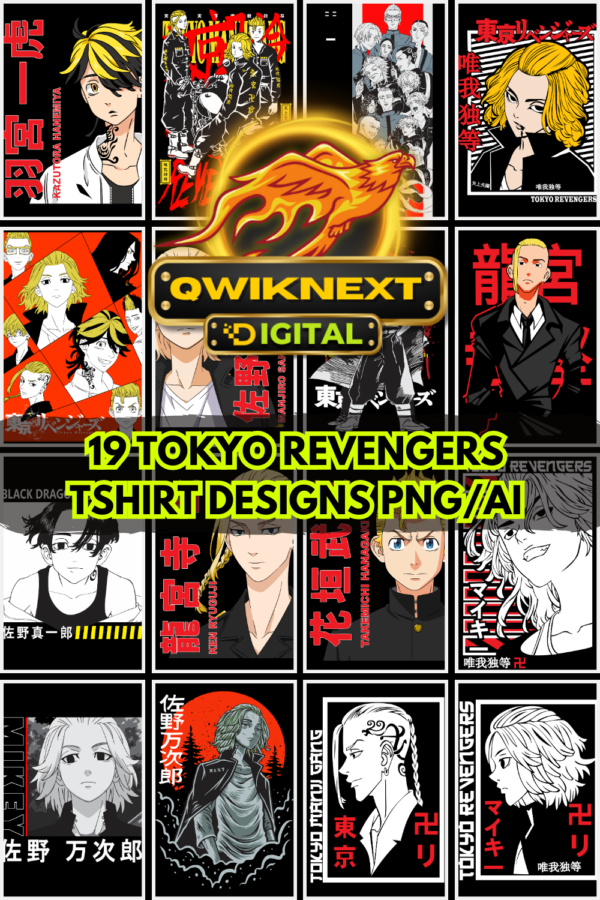 Tokyo Revengers T-Shirt Designs Bundle | 19 PNG + AI Anime Graphics for Print on Demand | Street Anime Merch Pack