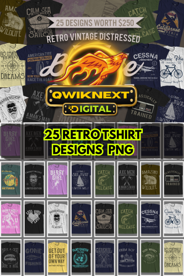 Retro Vintage T-Shirt Designs Bundle – 25 Premium Distressed PNG Designs for Print-on-Demand