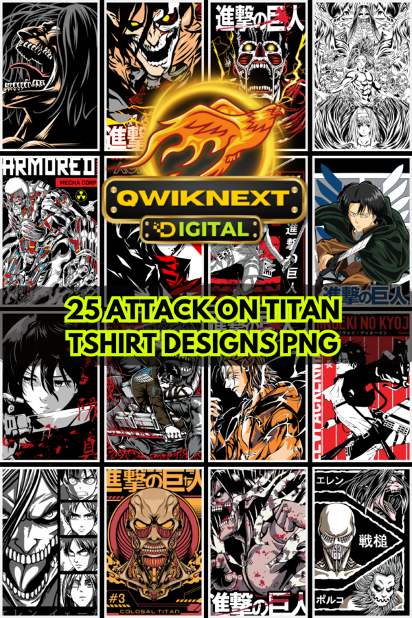 Attack on Titan T-Shirt Designs Bundle | 25 PNG High-Quality Anime Graphics for Print on Demand | Dark Aesthetic Anime Art Pack