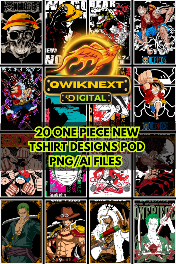 One Piece T-Shirt Designs Bundle | 20 PNG + AI Anime Graphics for Print on Demand | Pirate Anime Merch Pack