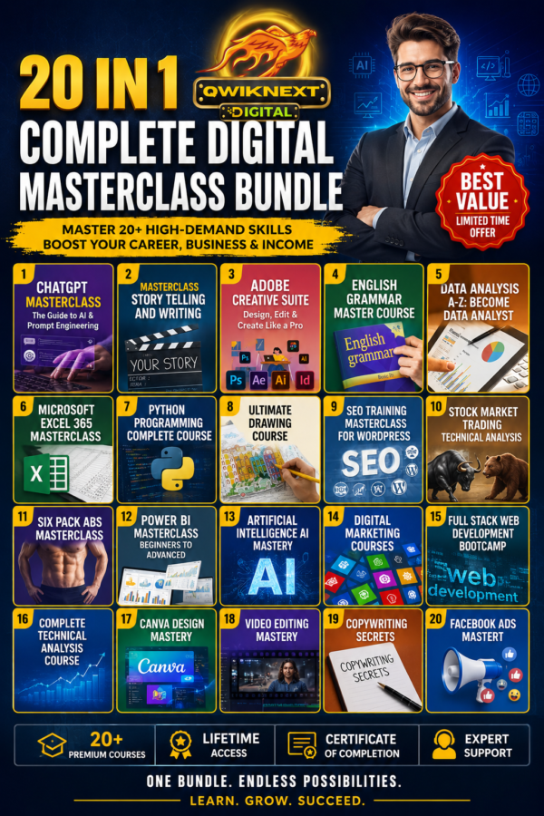 Digital Masterclass Bundle 20 in 1 | AI, ChatGPT, Python, Excel, SEO, Power BI, Web Development & Marketing Courses